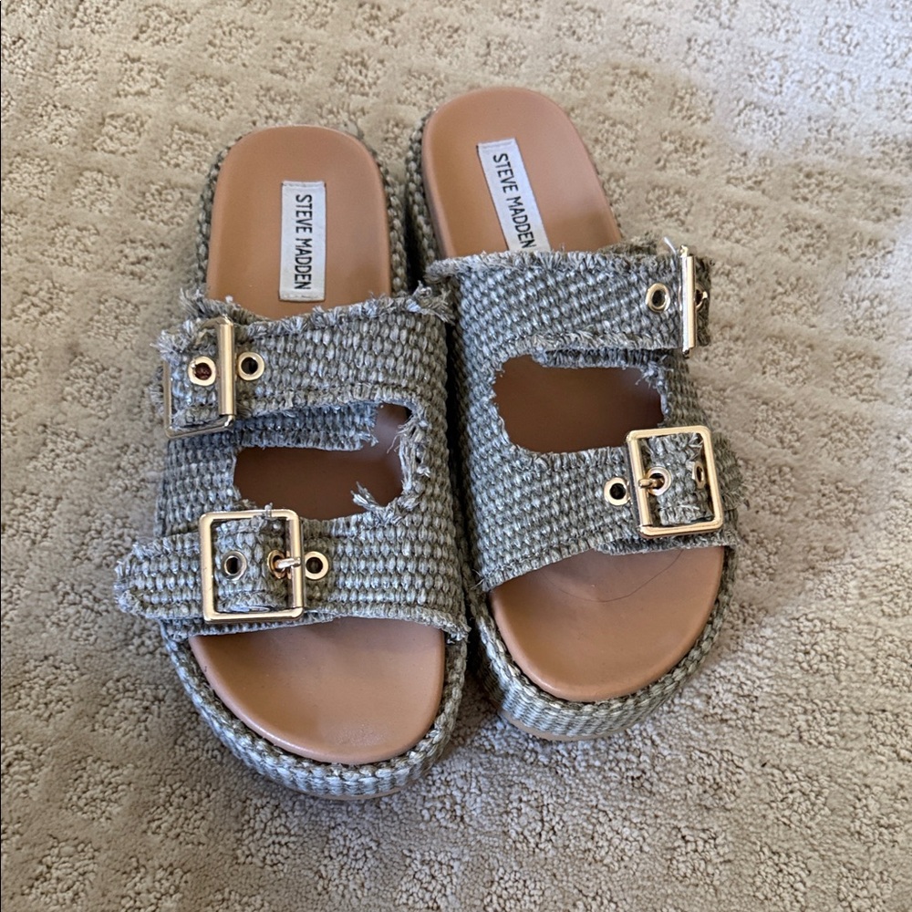 Steve Madden Kerrigan Rafia Textured Light green Slide Sandals